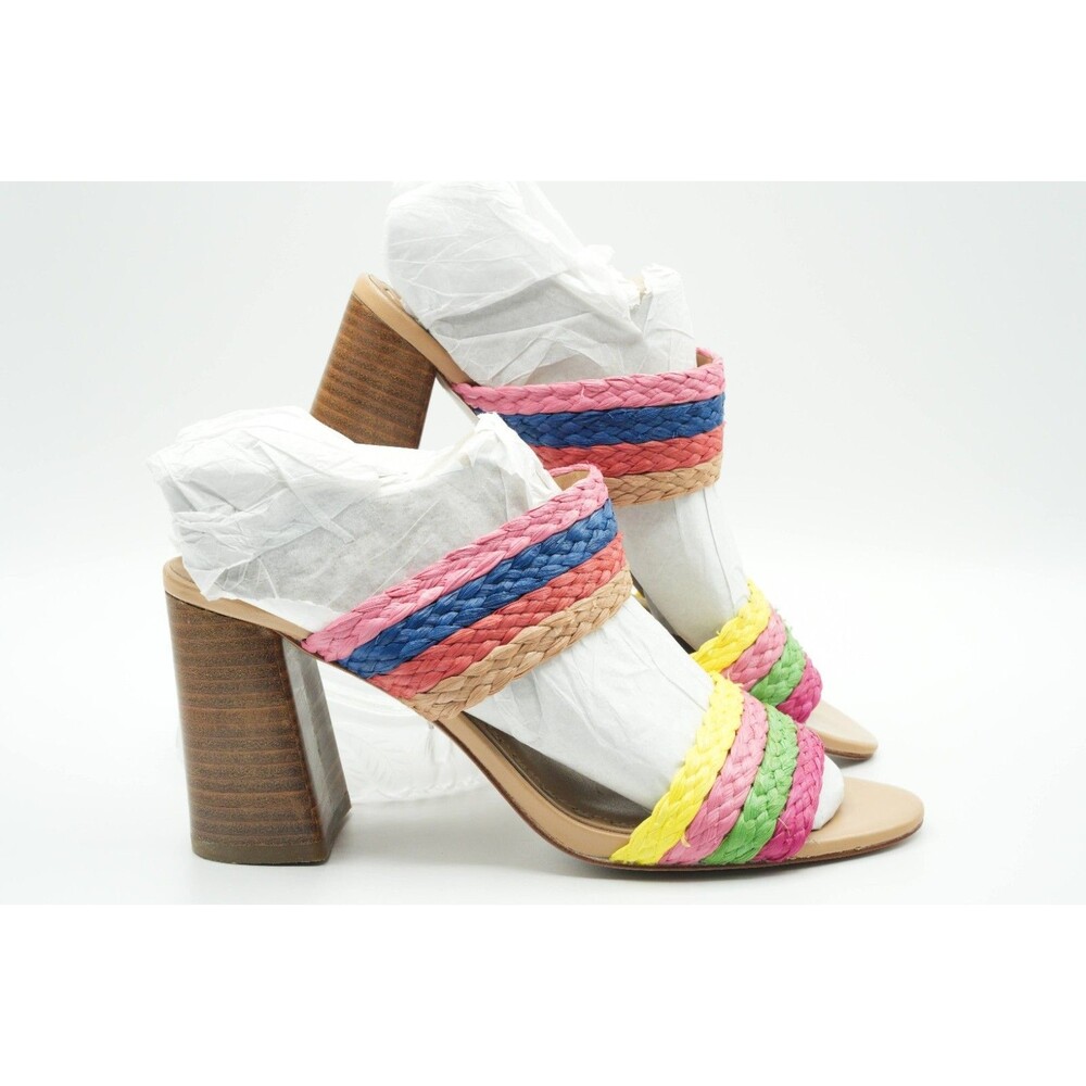 Alice + Olivia Leeda Rainbow Striped Raffia Block Heel Slide Sandal SZ 7.5